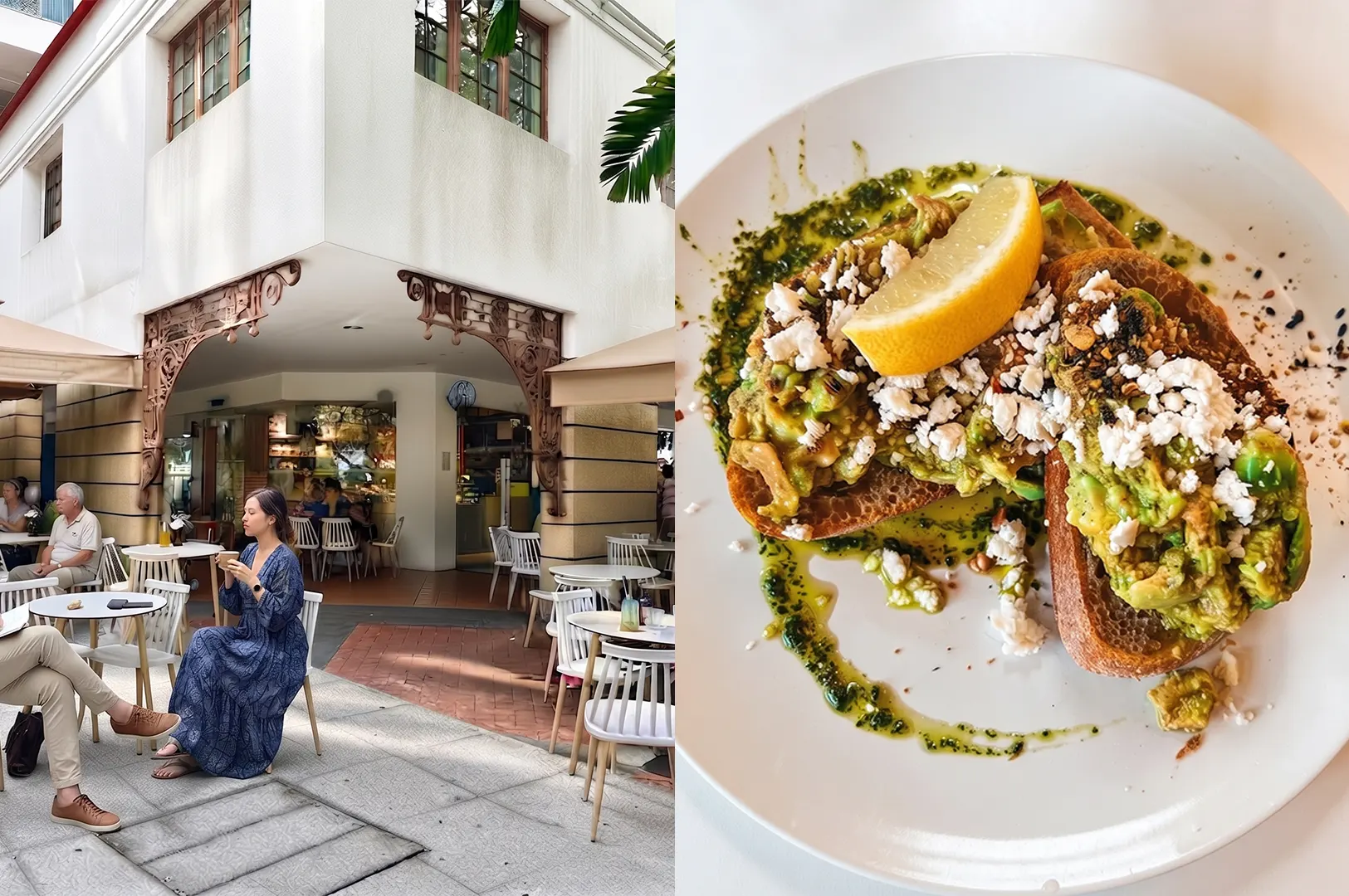 A woman dining at the Carrotsticks & Cravings cafe at Robertson Quay or Telok Ayer, alongside a plate of smashed avocado toast topped with feta cheese and a lemon wedge.