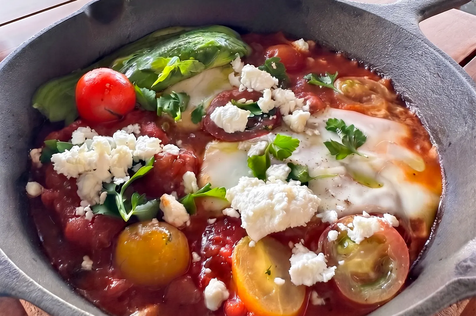 A cast-iron skillet serving shakshuka with poached eggs, fresh cherry tomatoes, avocado, and crumbled feta cheese.