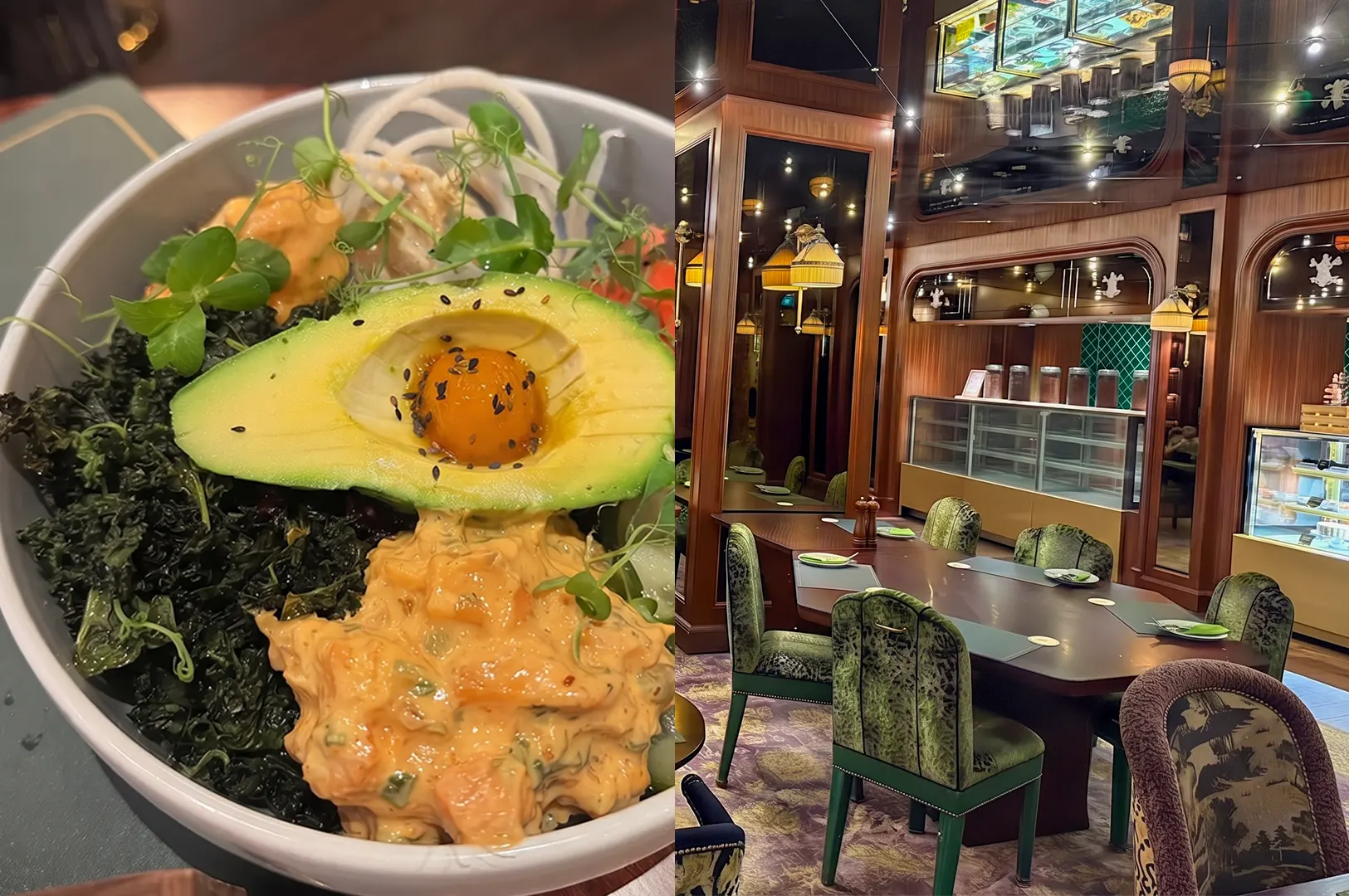 A colorful poke bowl featuring avocado and salmon served at Cultivate Café, set against the backdrop of the restaurant's elegant interior with green velvet chairs and dark wood accents.