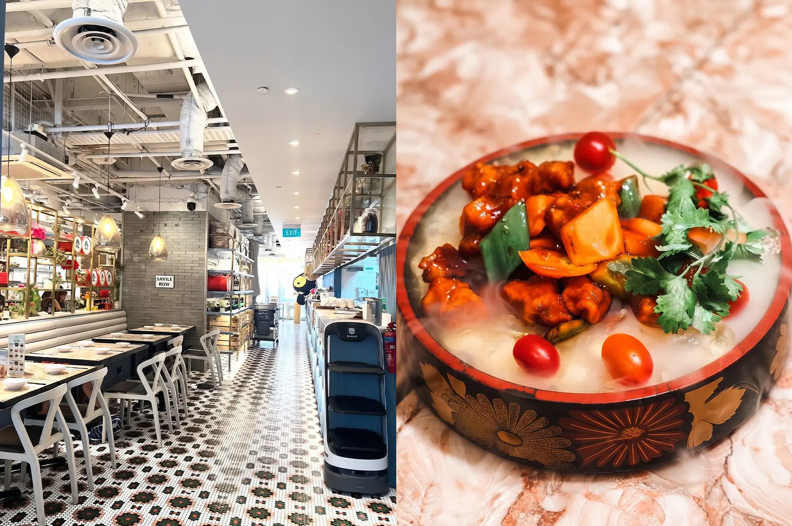 The stylish interior of The Social Space with modern decor and a robotic server, shown alongside a vibrant sweet and sour dish served in a decorative bowl with dry ice smoke.