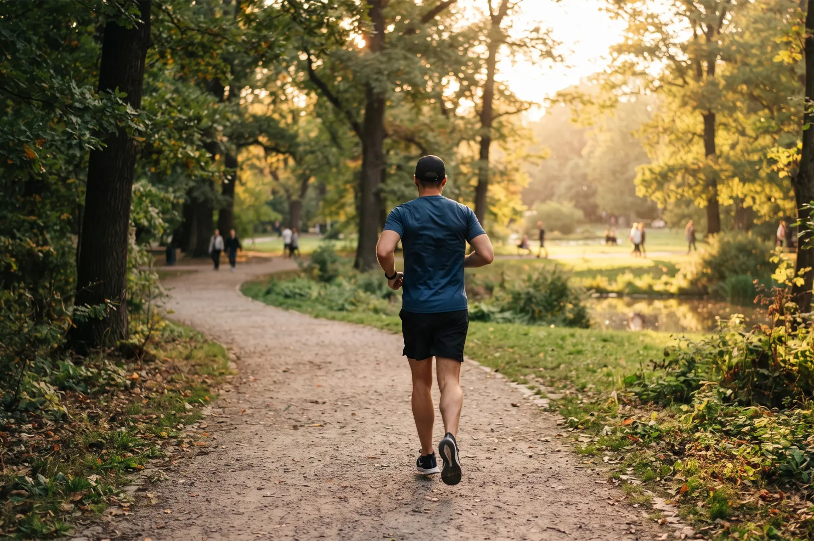 Man running on a dirt trail in a green park during golden hour.
