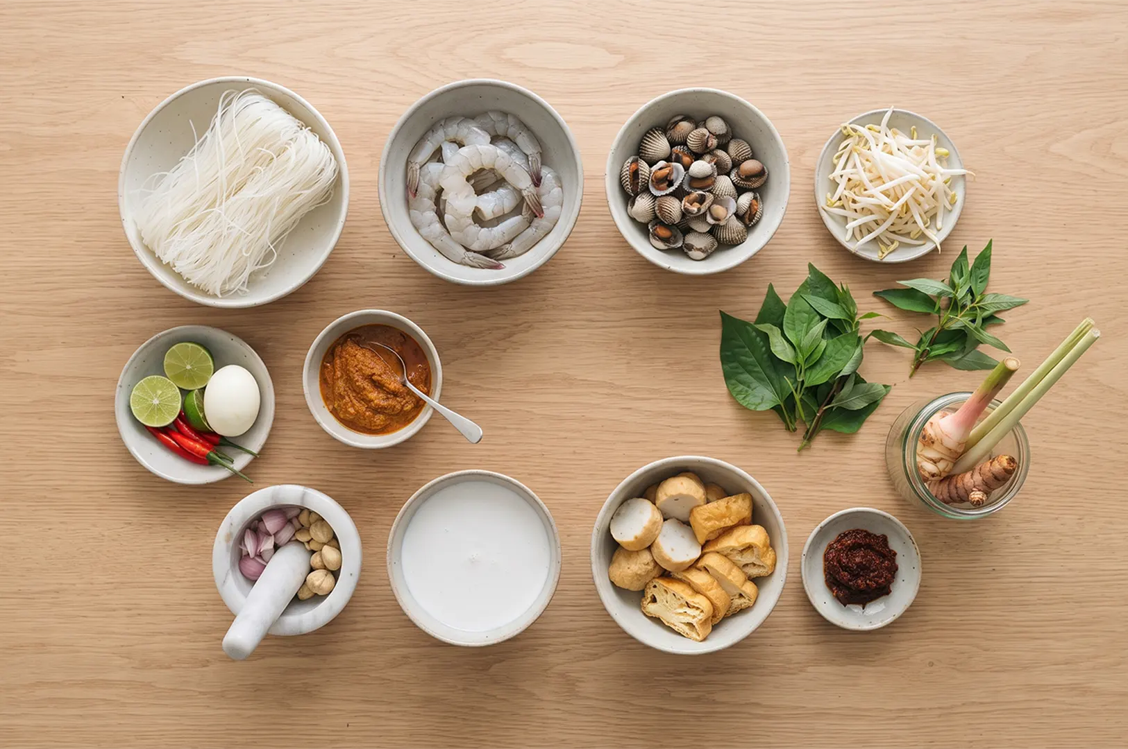 Top-down view of fresh ingredients for Laksa noodle soup, including rice noodles, raw shrimp, cockles, bean sprouts, coconut milk, curry paste, aromatics, and herbs arranged on a wooden table.