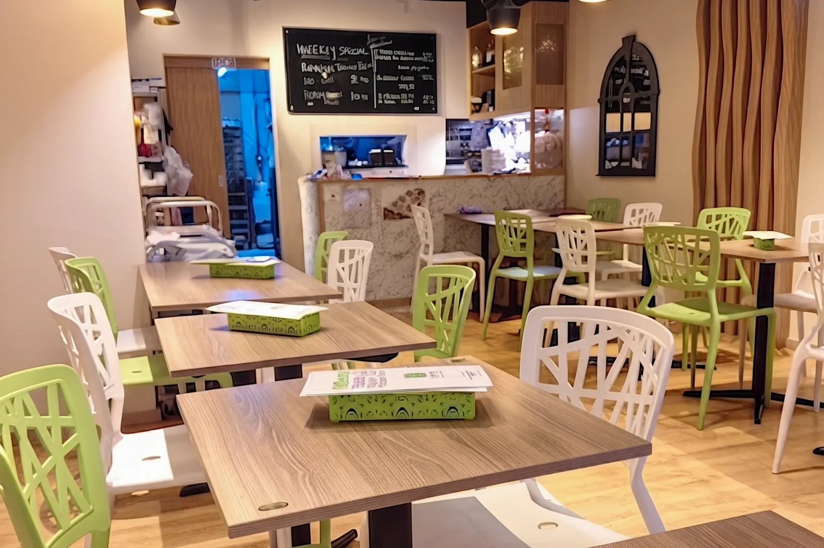 Cozy interior of Genesis Vegan Restaurant featuring wooden tables and green and white chairs.