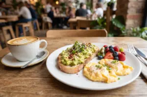 Healthy breakfast of avocado toast, scrambled eggs, and fresh fruit served with a latte in a rustic cafe.