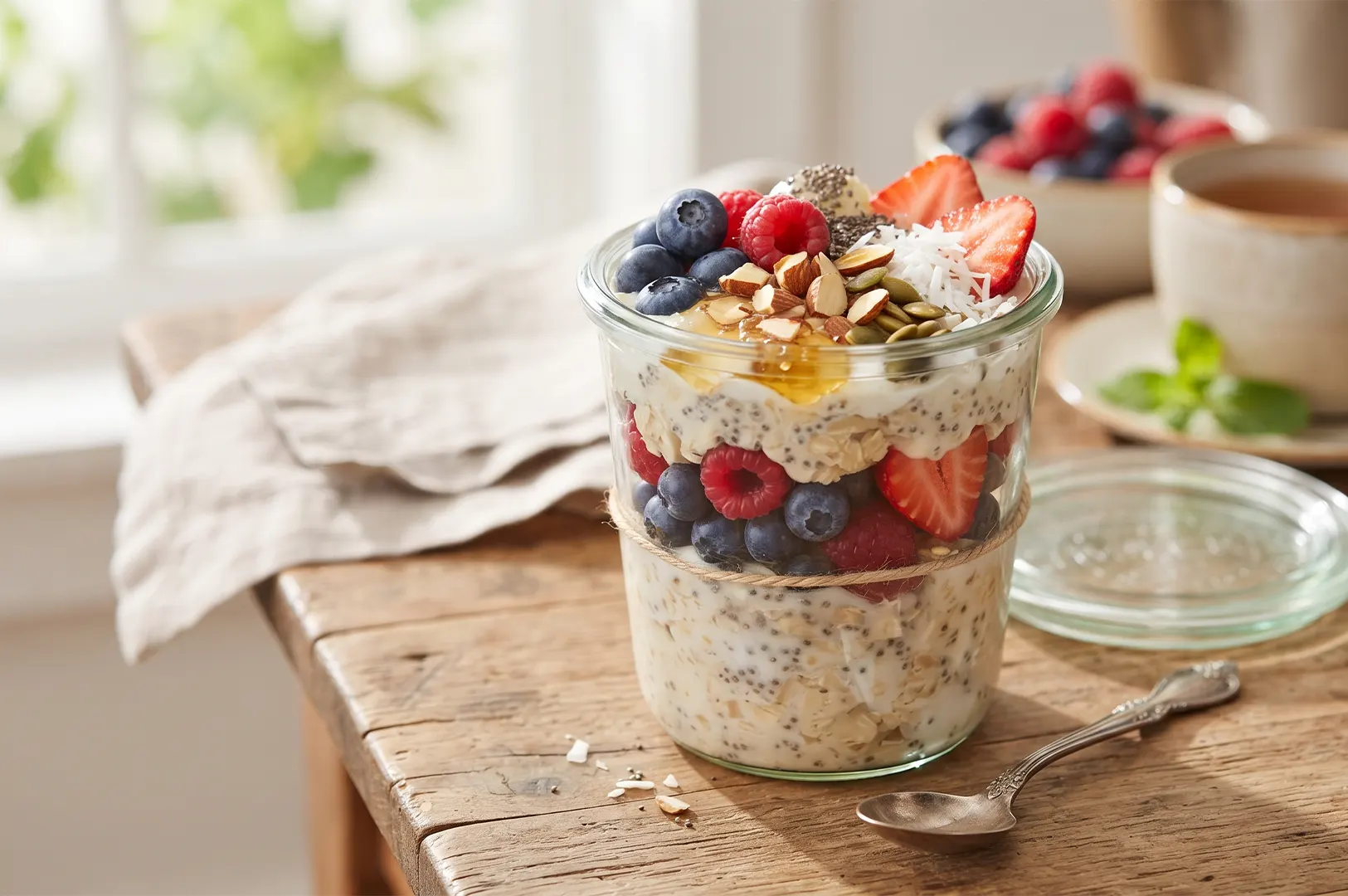 Glass jar filled with overnight oats topped with fresh strawberries, blueberries, raspberries, nuts, seeds, and shredded coconut on a rustic wooden table.