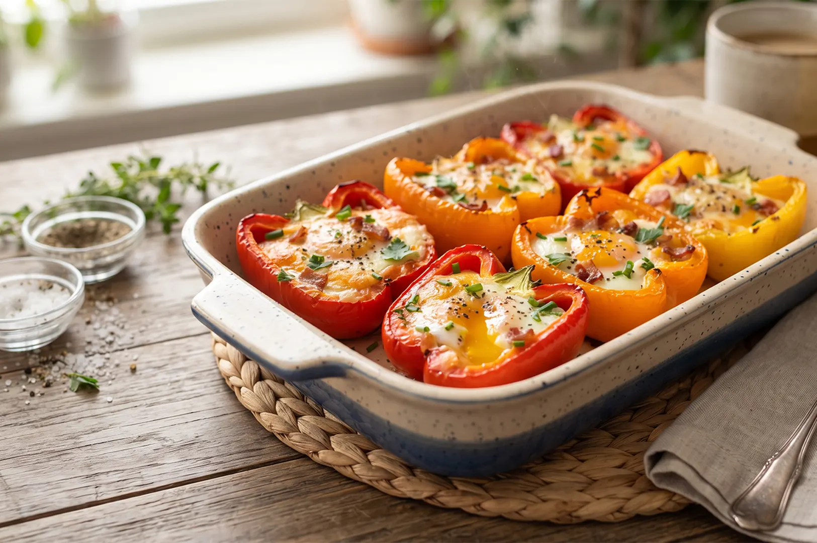 Baked egg-stuffed bell peppers in a ceramic dish on a rustic wooden table.