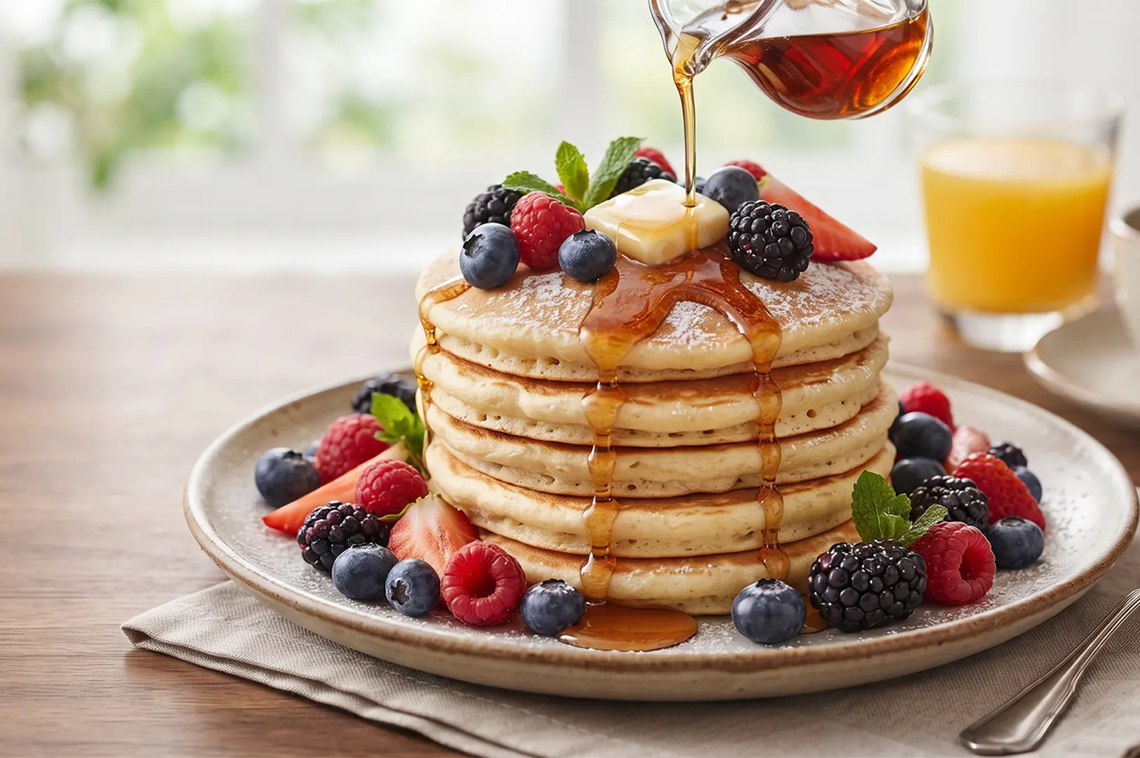 Stack of fluffy pancakes topped with fresh berries and melting butter, with maple syrup being poured over them.