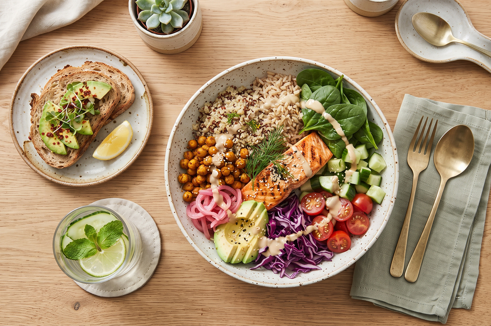 Healthy salmon grain bowl with avocado, roasted chickpeas, and vegetables served with avocado toast on a wooden table.