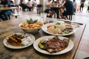 A spread of high-protein Singaporean hawker food featuring chicken rice, satay skewers, and seafood on a wooden table.