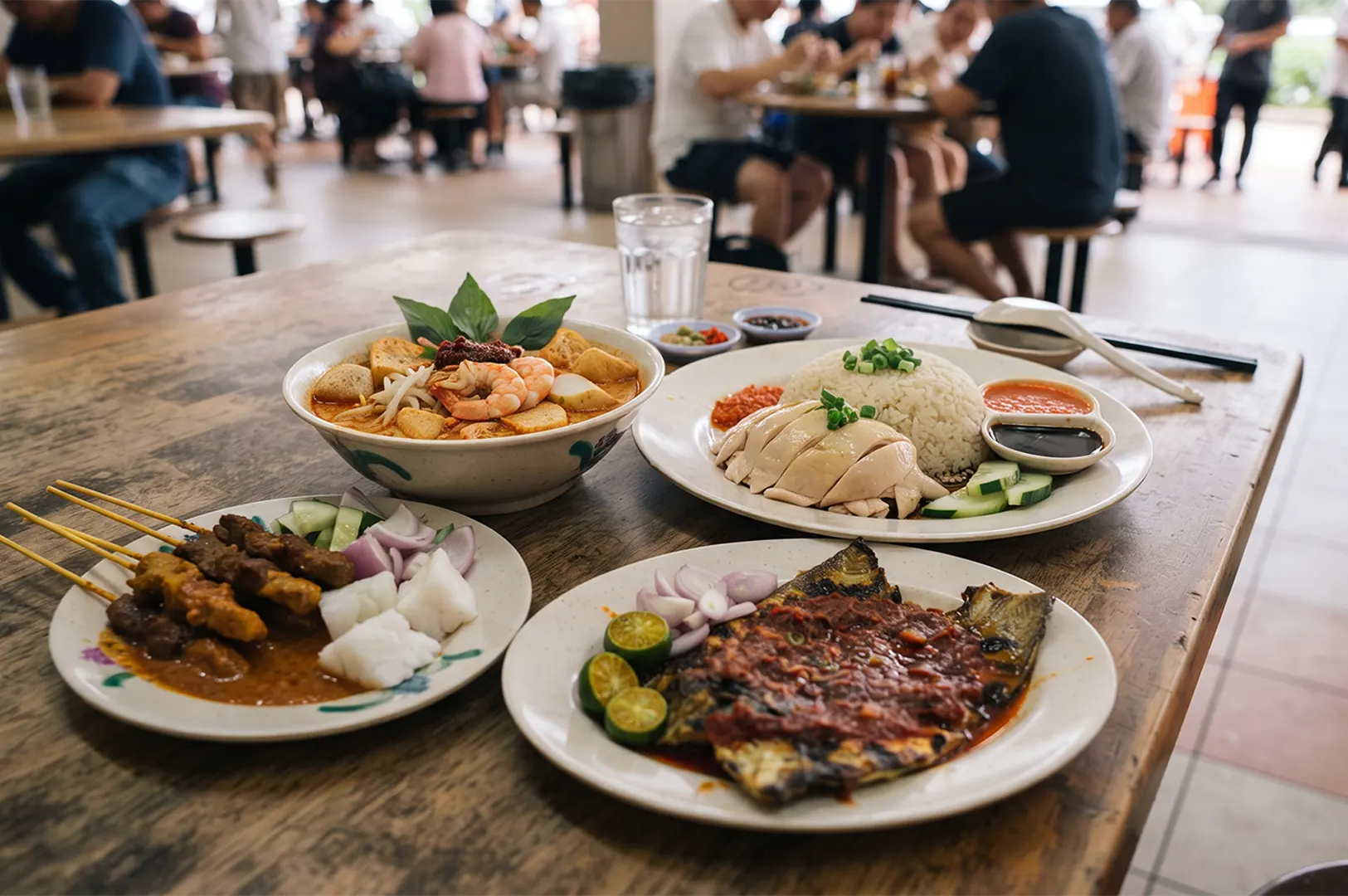 A spread of high-protein Singaporean hawker food featuring chicken rice, satay skewers, and seafood on a wooden table.