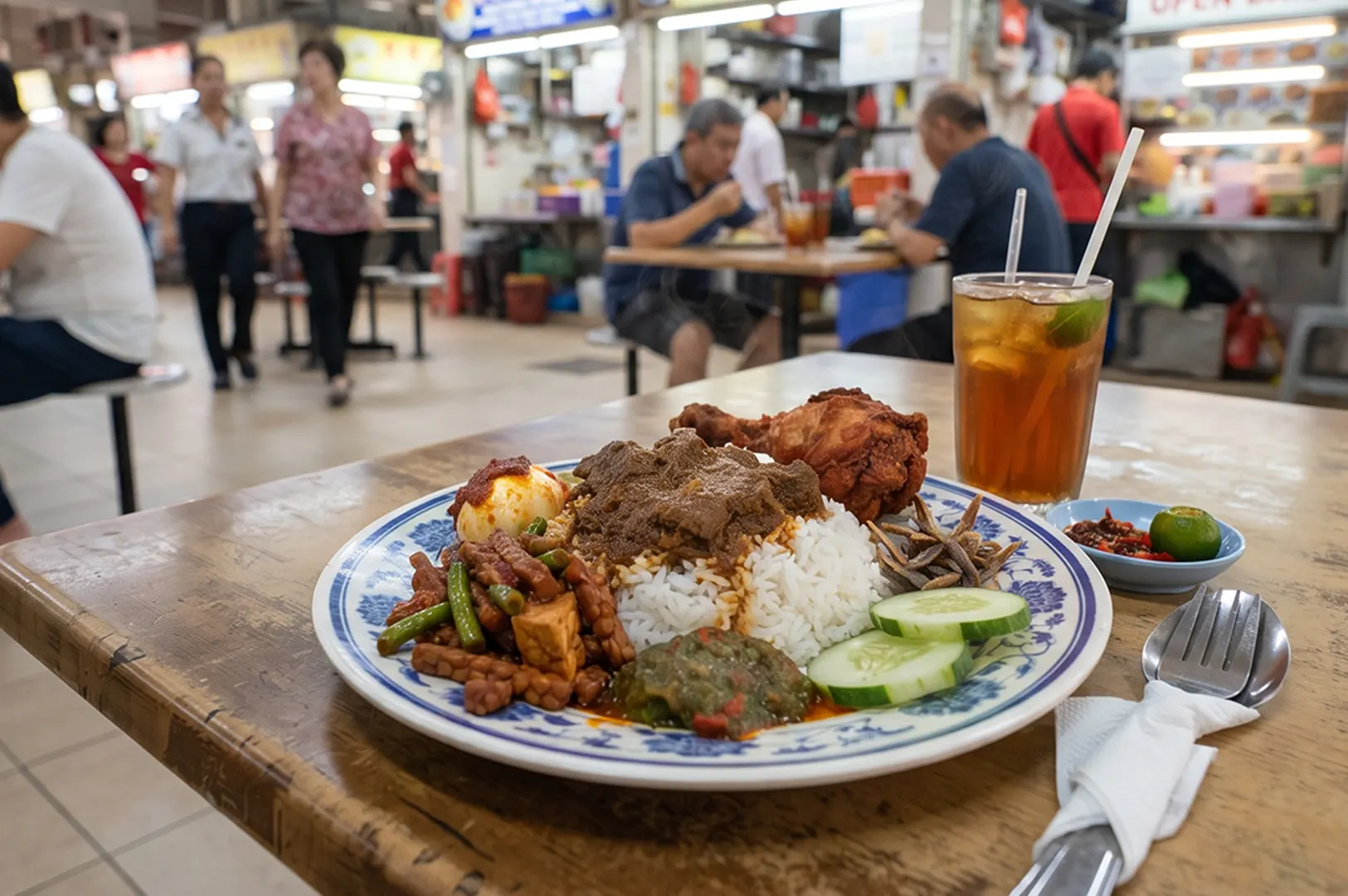 Plate of Nasi Lemak with fried chicken and iced tea at a bustling hawker center.
