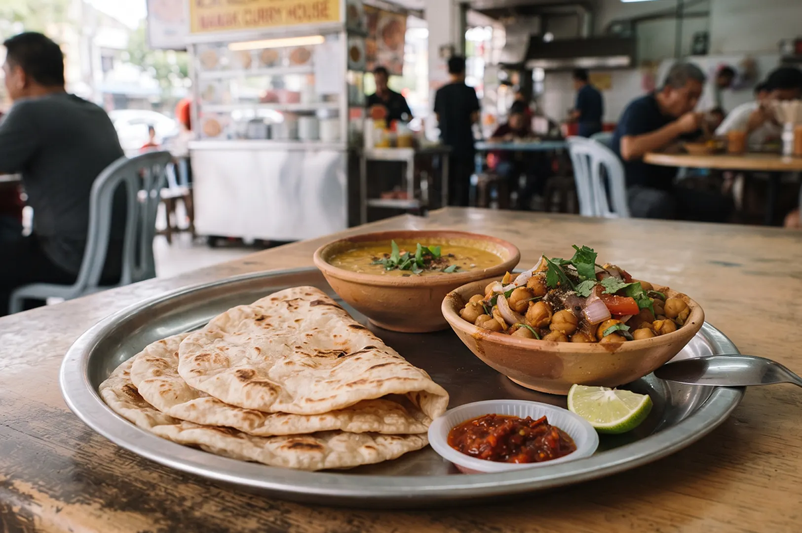 Chapati served with chickpea curry, dal, and sambal at a local food stall.