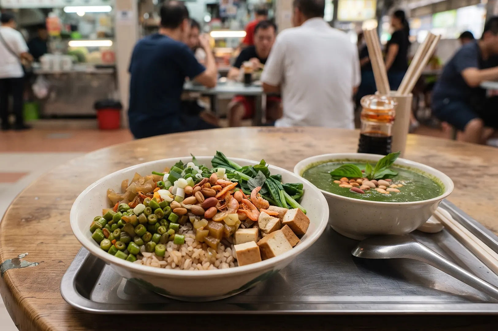 Bowl of traditional Hakka thunder tea rice (Lei Cha Fan) with green soup served at a hawker center.