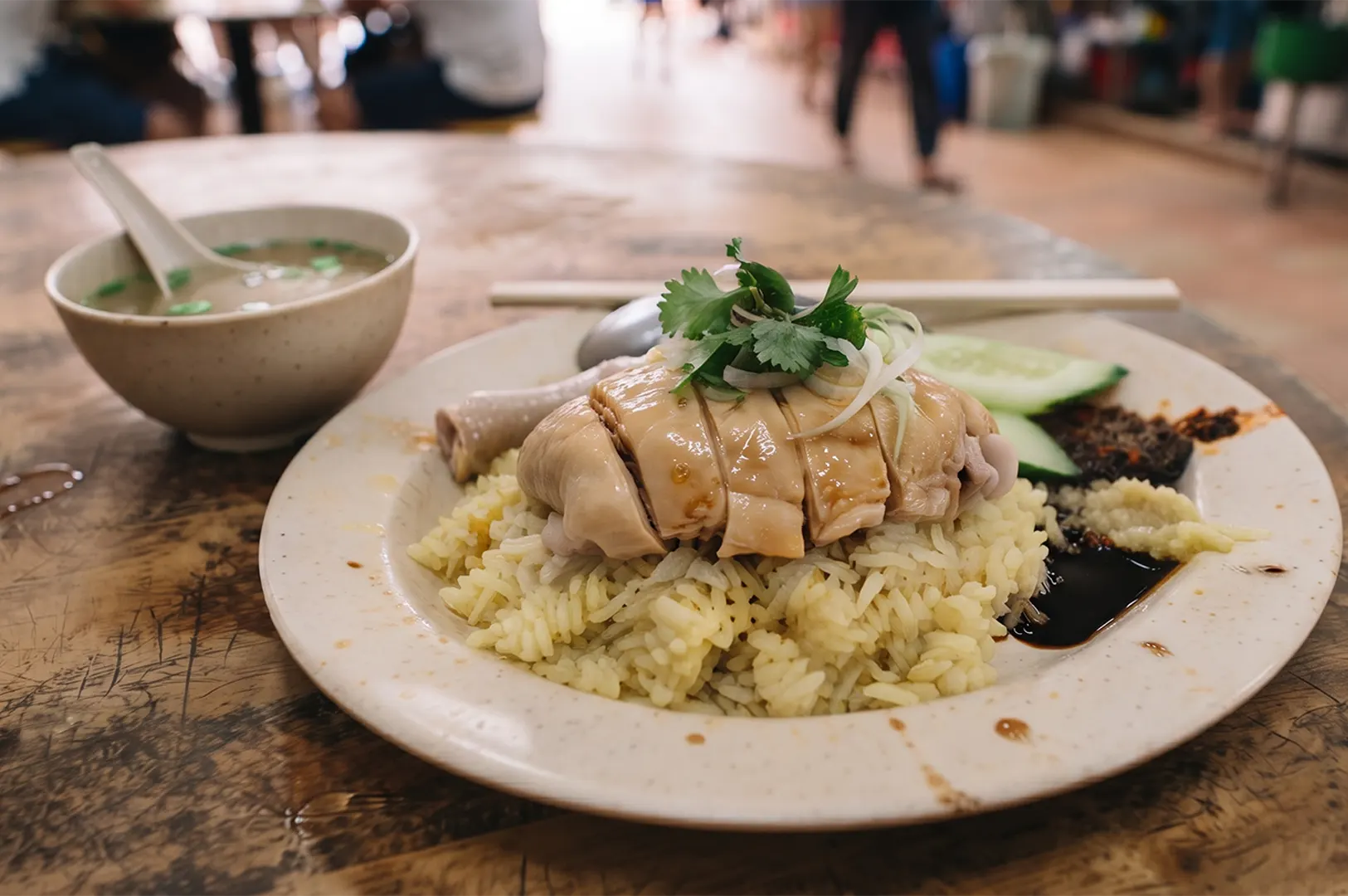 Plate of Hainanese chicken rice with seasoned rice, sliced chicken, cucumber, and a side of soup.