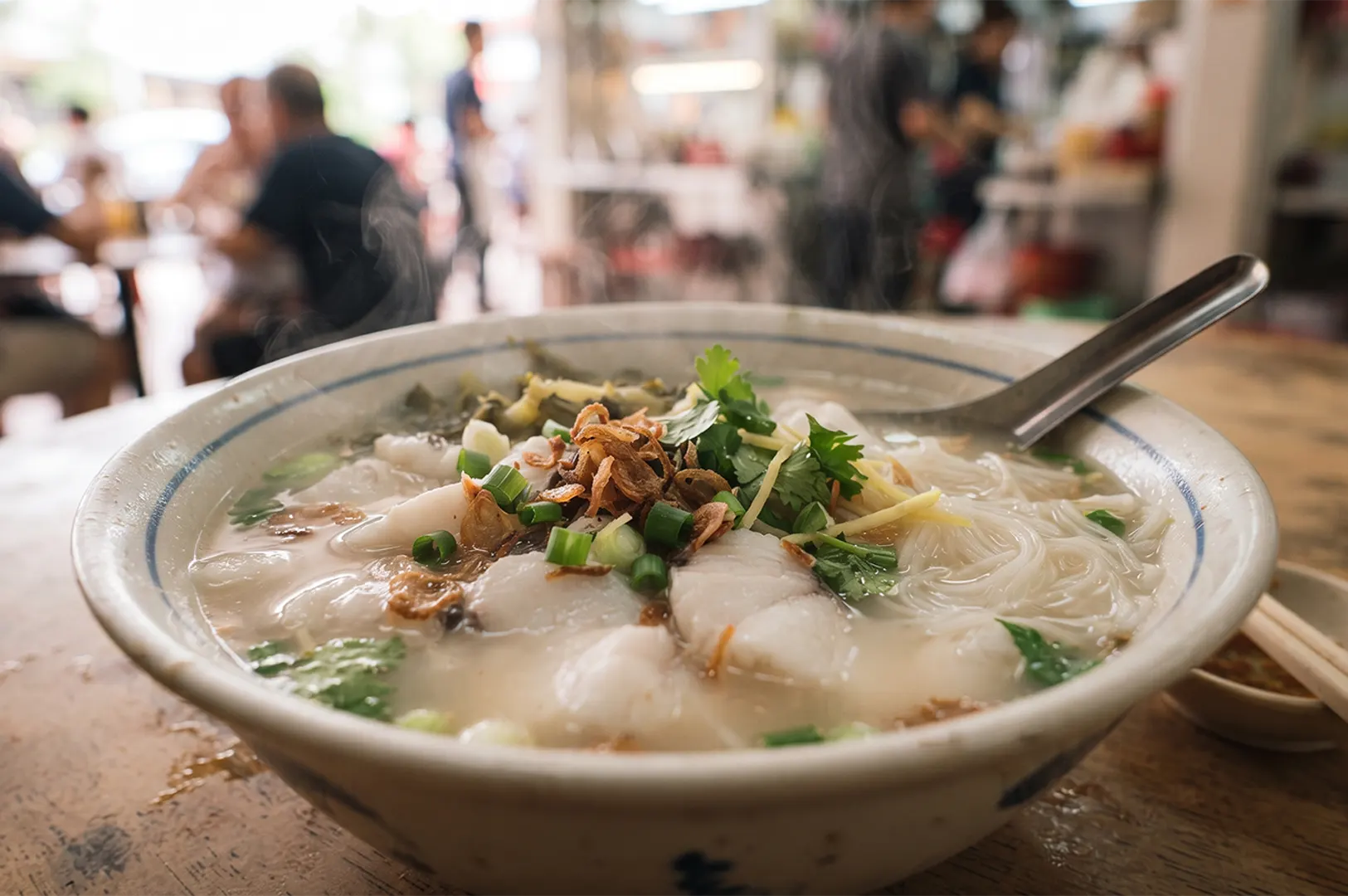 A bowl of hot sliced fish soup with noodles at a hawker center.