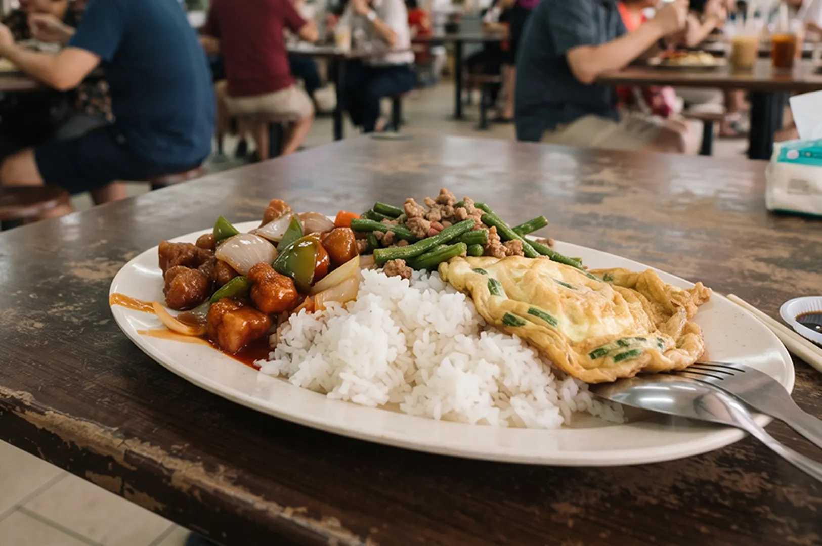 Cai fan plate with rice and dishes on a hawker centre table.