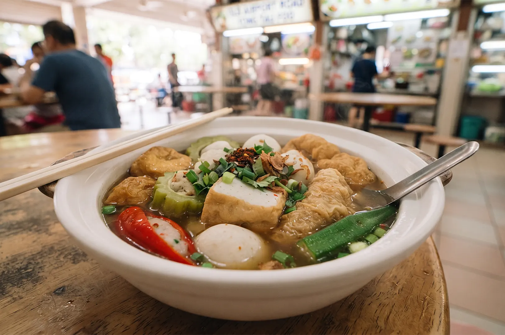 Bowl of traditional Yong Tau Foo soup with stuffed tofu and fishballs at a hawker center.