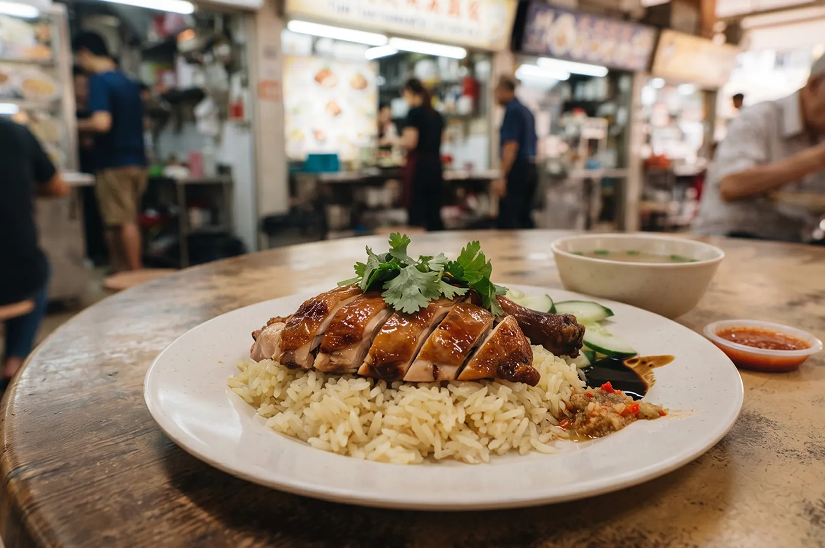 Plate of roasted chicken rice with cucumber and chili at a hawker center.