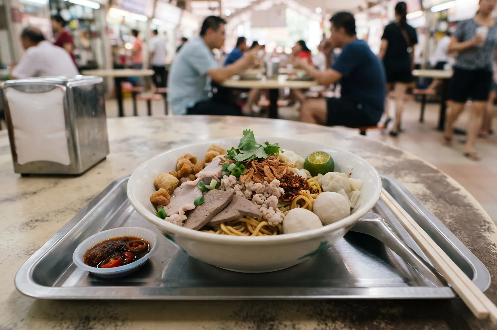 Bowl of traditional Bak Chor Mee with minced meat, fishballs, and chili on a tray in a busy hawker center.