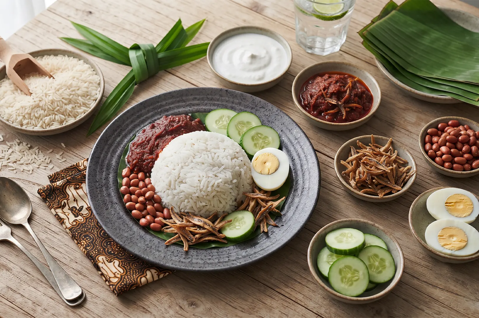 Nasi lemak served with sambal, cucumber, hard-boiled egg, fried anchovies, and peanuts on a rustic wooden table.