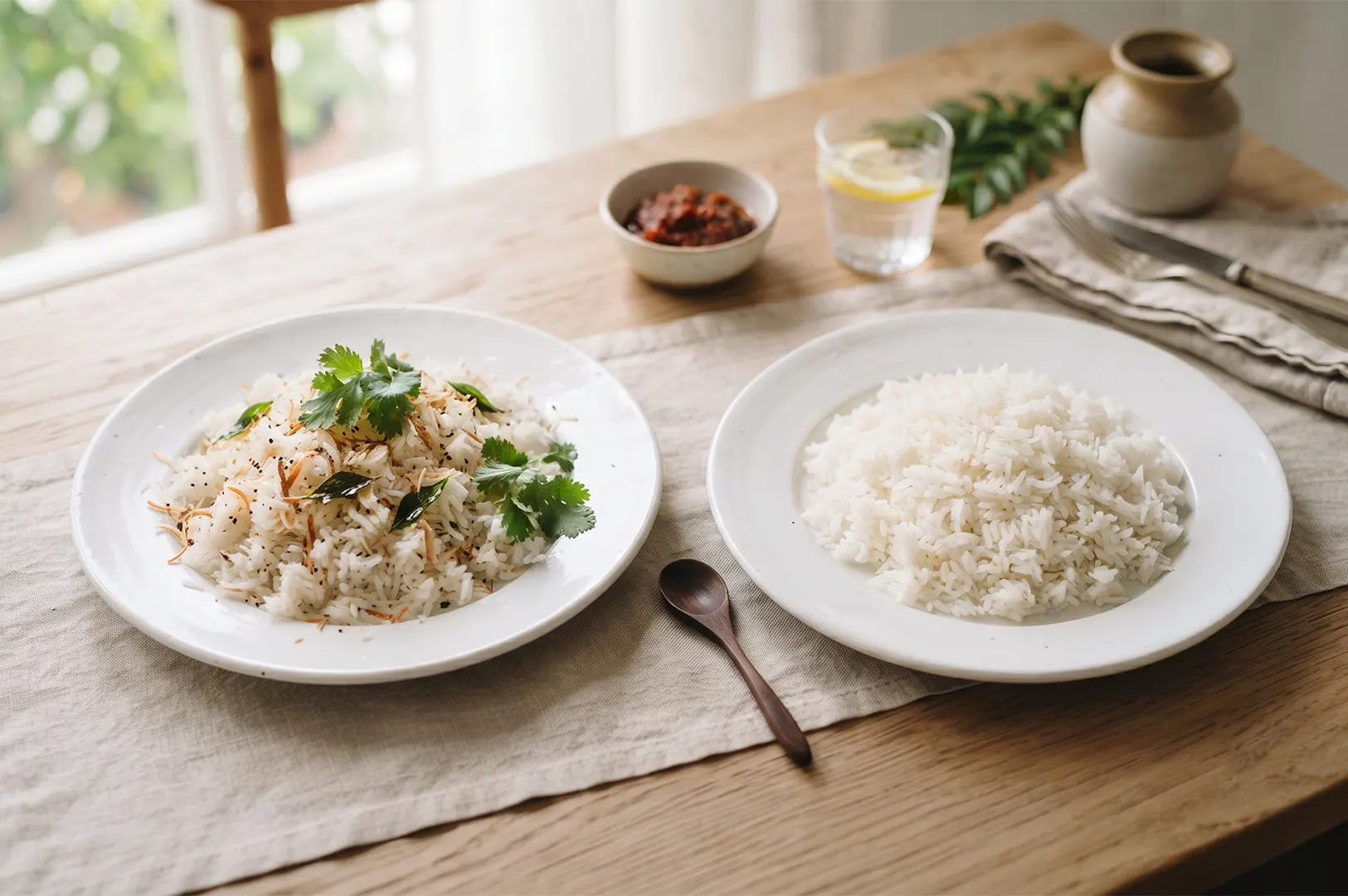 A table setting featuring a plate of aromatic coconut rice topped with herbs and a plate of plain white rice, served with a small bowl of spicy condiment.