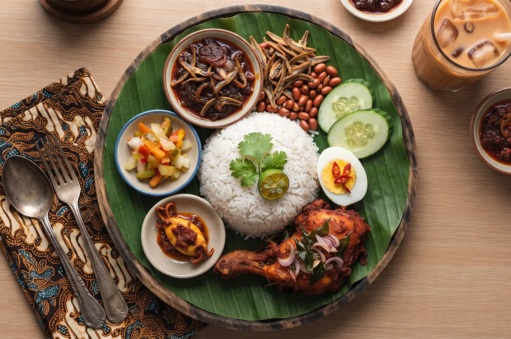 A top-down view of a Nasi Lemak platter served on a banana leaf, featuring coconut rice, fried chicken, sambal, anchovies, peanuts, cucumber, hard-boiled egg, and pickled vegetables.