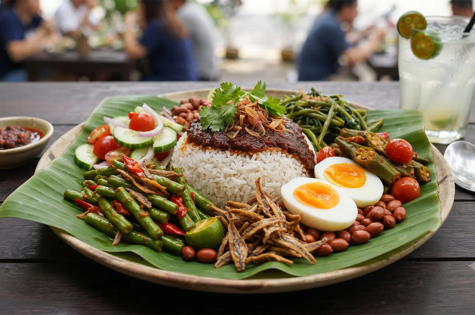 A vibrant Nasi Lemak platter on a banana leaf featuring coconut rice, sambal, anchovies, peanuts, soft-boiled eggs, and assorted side dishes like long beans and stir-fried vegetables.