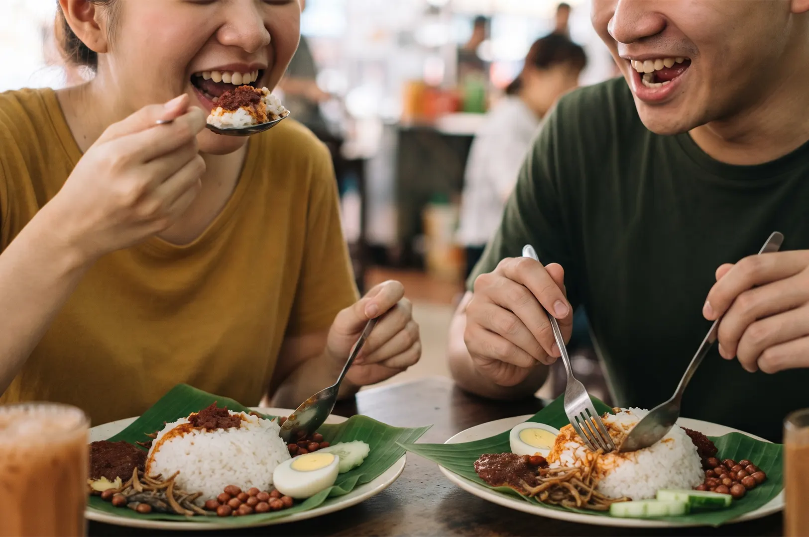 A couple laughing while eating plates of Nasi Lemak with coconut rice, sambal, anchovies, peanuts, cucumber, and hard-boiled egg.