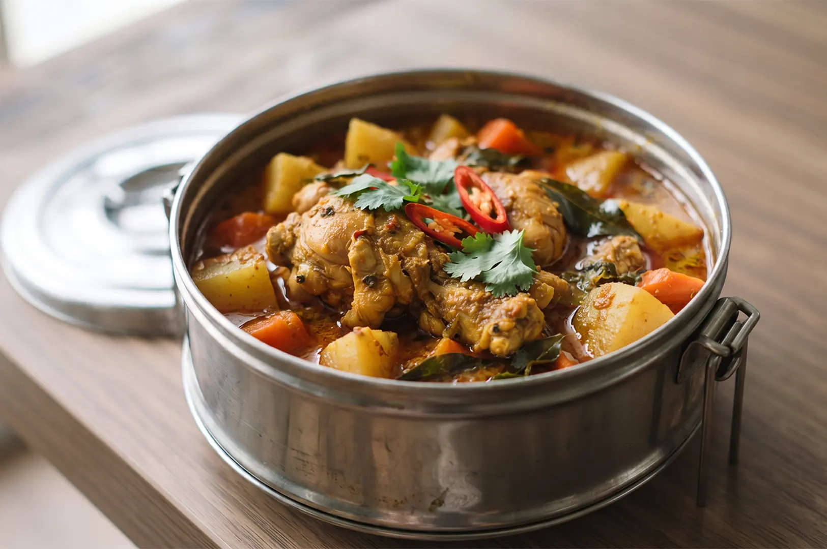 Homemade chicken curry with potatoes, carrots, and fresh cilantro served in a stainless steel tiffin container.