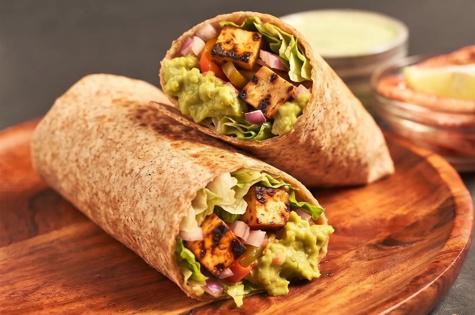 Grilled tofu burrito with fresh guacamole, lettuce, and onions on a wooden plate.