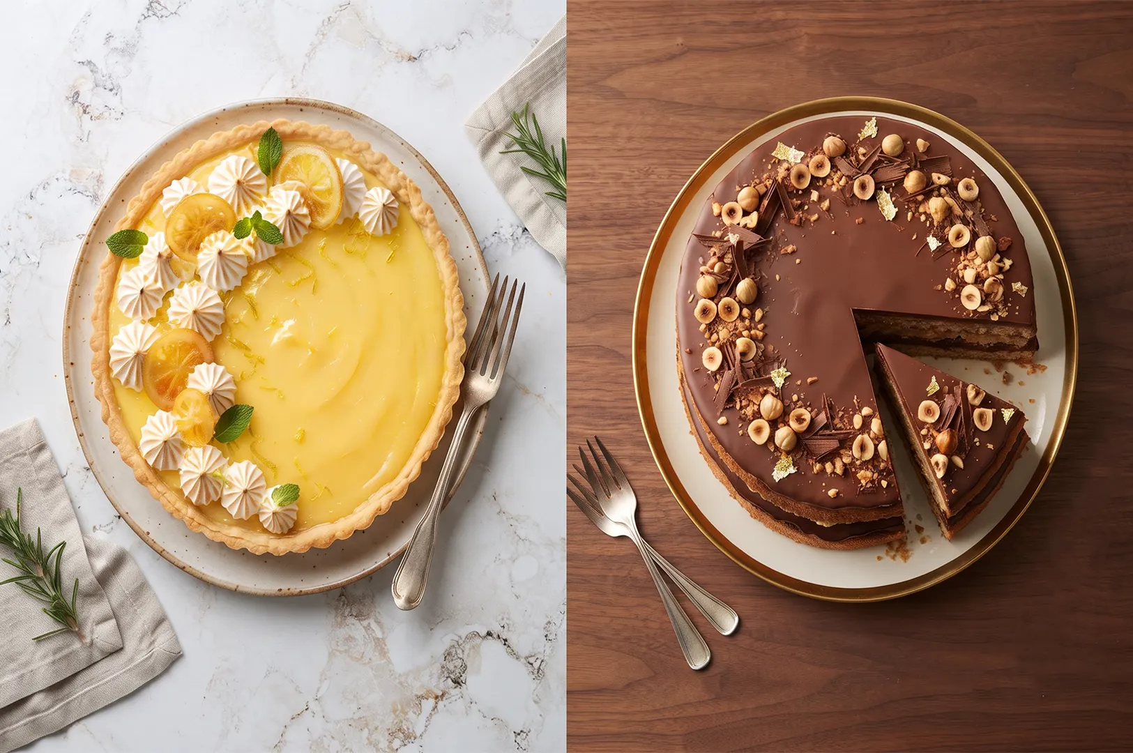 Top-down view of a lemon meringue tart next to a chocolate hazelnut cake on a dining table.