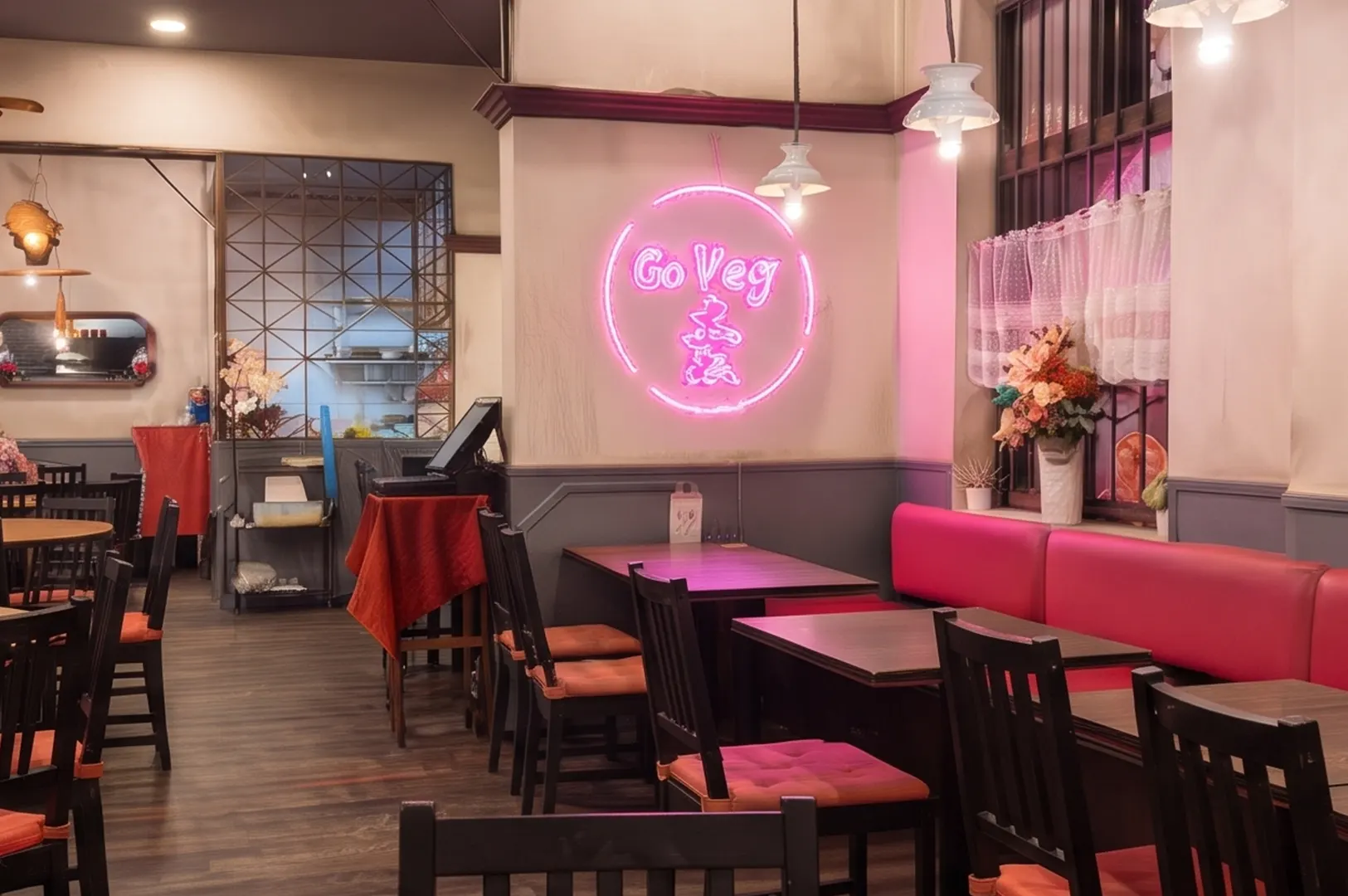 Interior dining hall of New Fut Kai Vegetarian Restaurant in Singapore, featuring traditional Chinese tables and cozy ambient lighting.