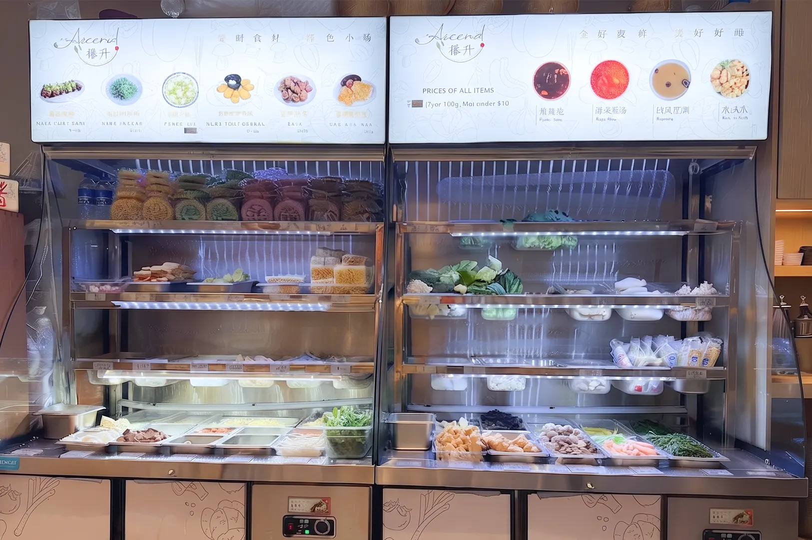 Ascend Vegetarian restaurant ingredient fridge in Singapore filled with fresh tofu, vegetables, and noodles.