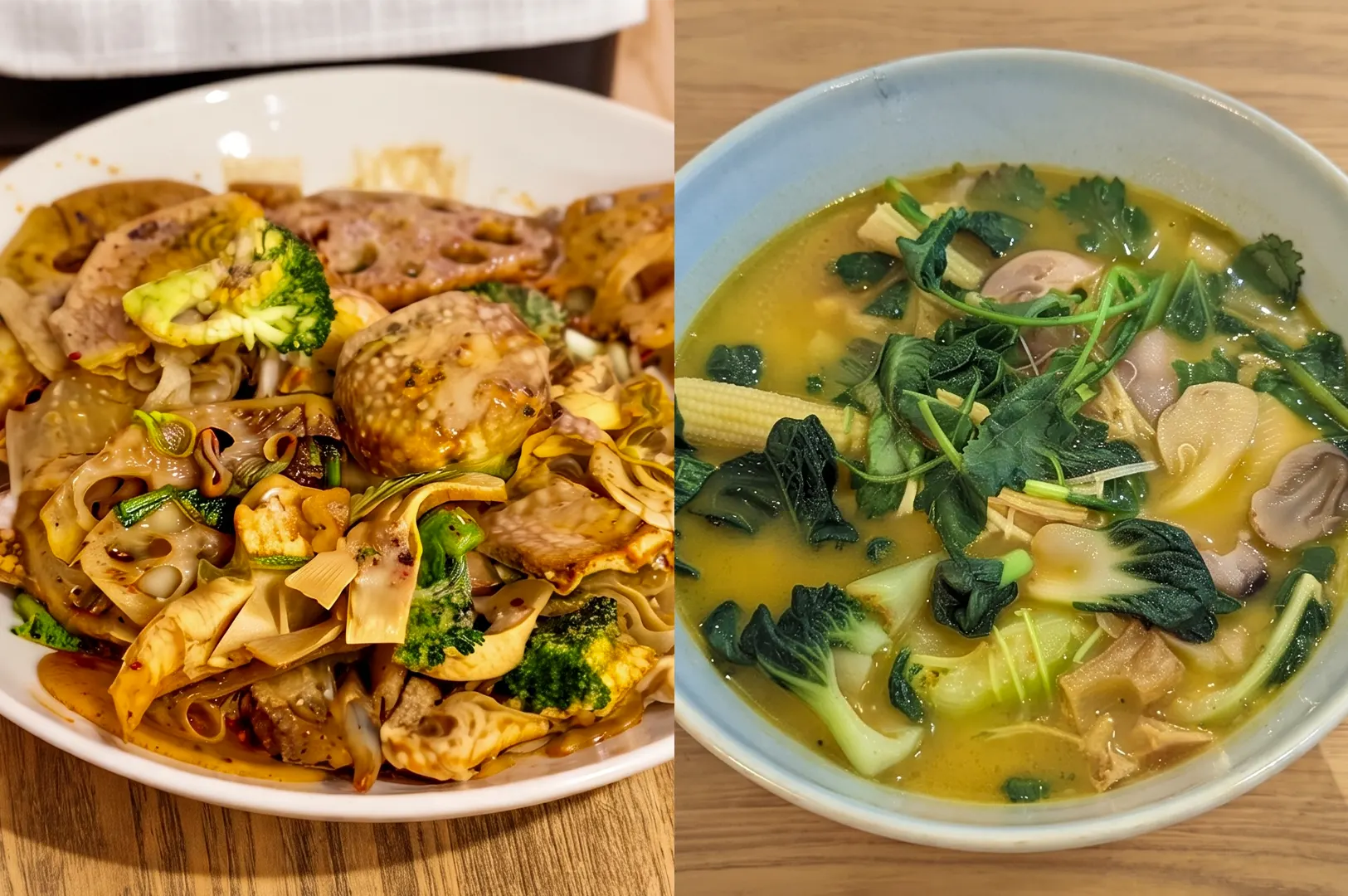 Ascend Vegetarian herbal soup and vegetarian mala xiang guo bowls in Singapore.