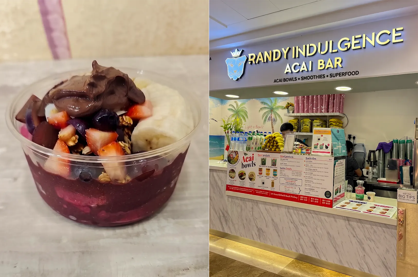 Açaí bowl with fresh fruits, granola, and chocolate drizzle in front of the Randy Indulgence Acai Bar storefront.
