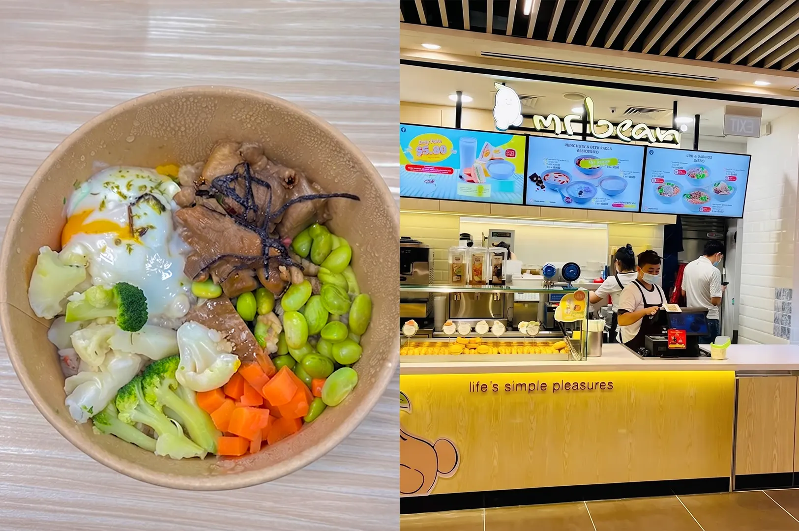 Healthy grain and protein bowl with edamame, broccoli, and egg next to a Mr. Bean store storefront.
