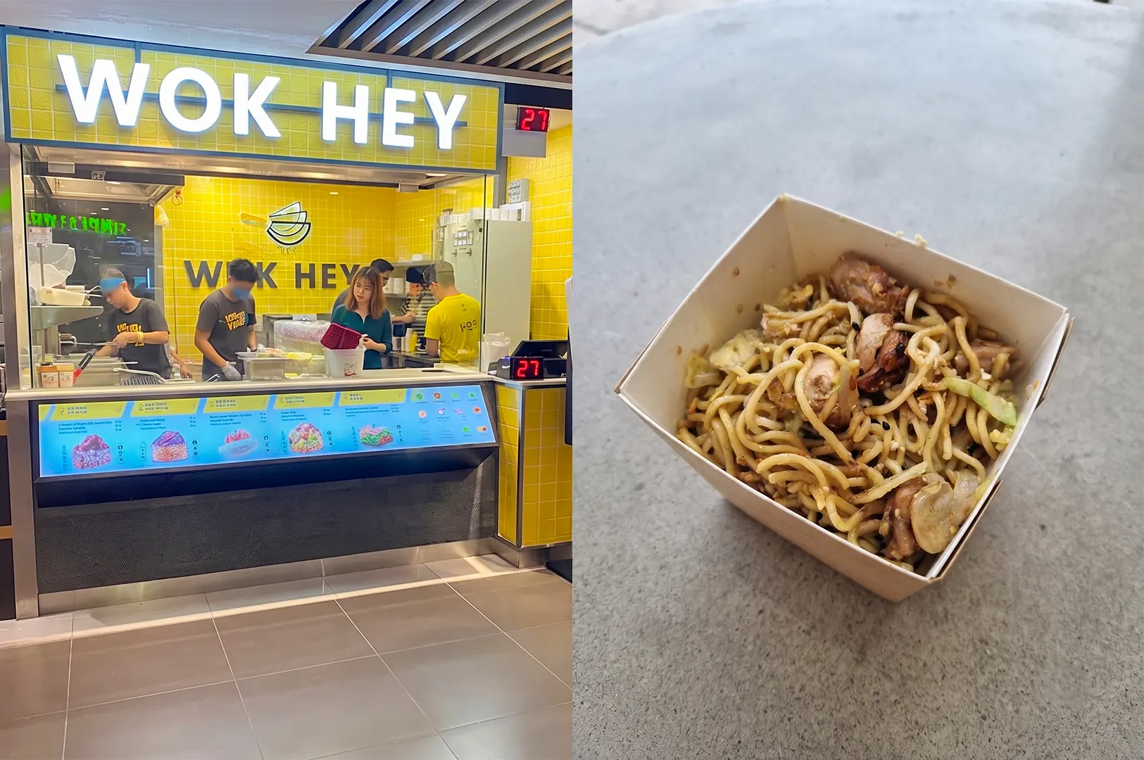 Fresh ramen with grilled chicken in a takeaway box next to the Wok Hey storefront.