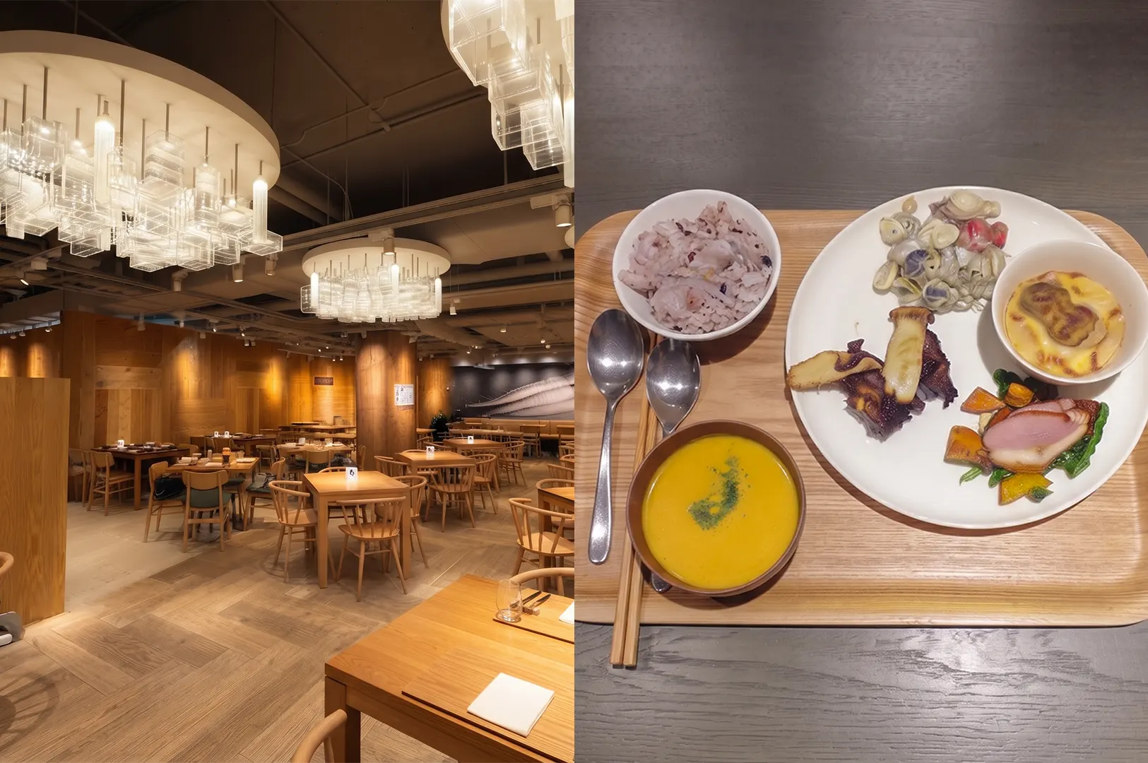 Healthy deli set meal with multi-grain rice, soup, and side dishes served on a wooden tray at Café&Meal MUJI.