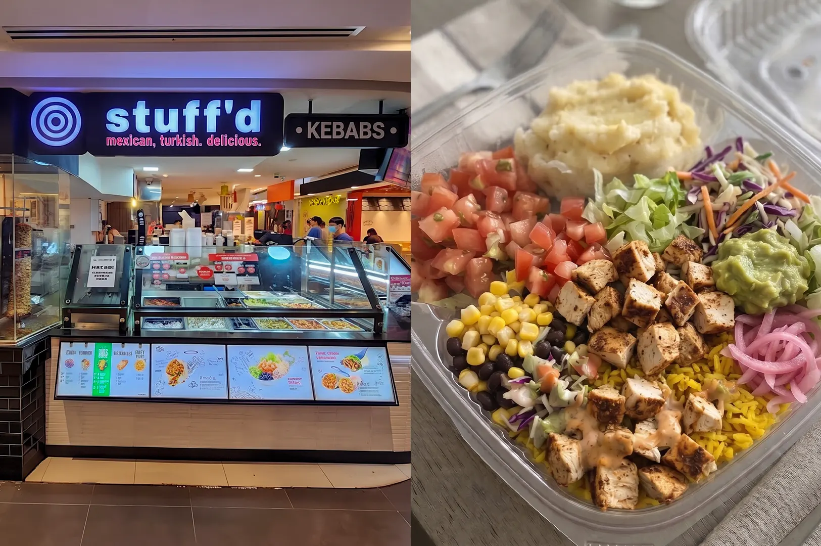 Stuff'd daily chicken bowl with rice, vegetables, and sauce from the Plaza Singapura outlet.