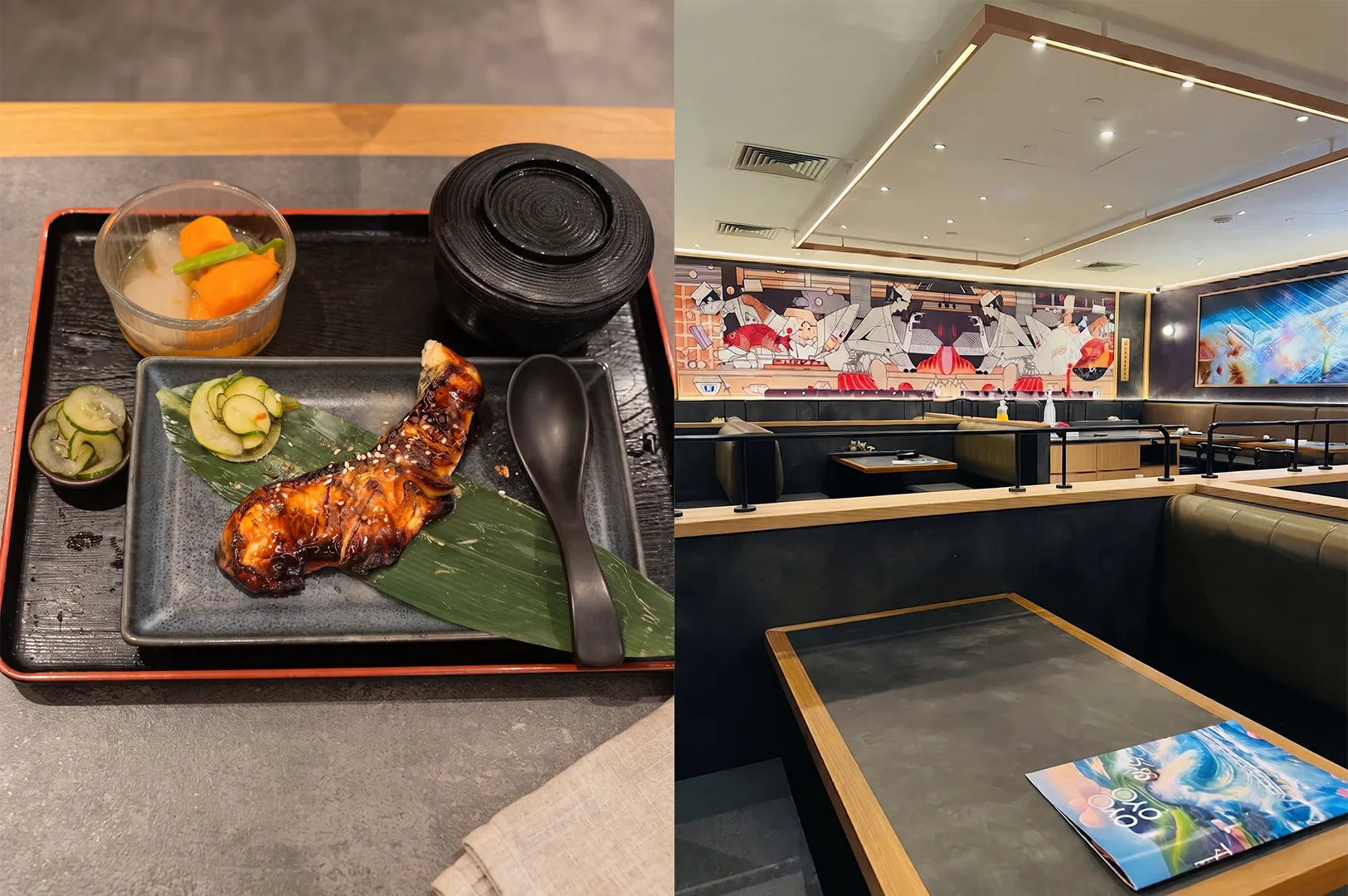 White Miso Grilled Mero Set meal served at Gyogyo restaurant alongside a view of the dining interior.