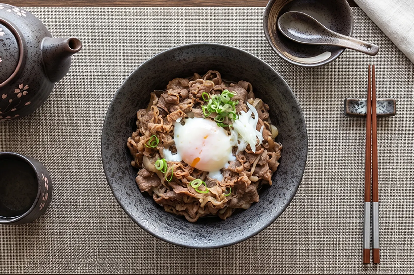 Wagyu beef rice bowl with a soft-boiled egg served at Bizen Wagyu & Salad Bar.