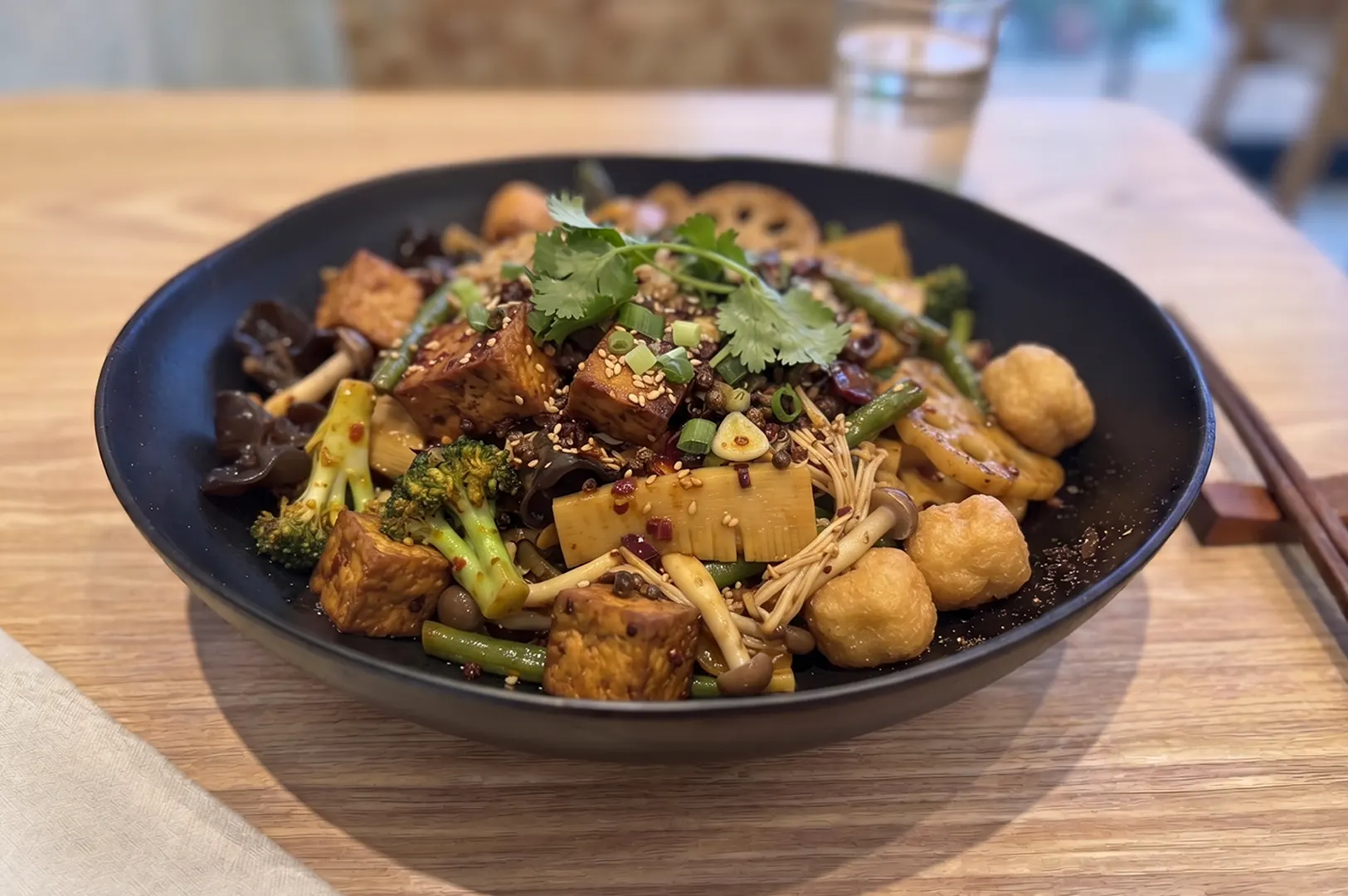Bowl of vegetarian mala xiang guo stir-fry with tofu, broccoli, mushrooms, and lotus root.