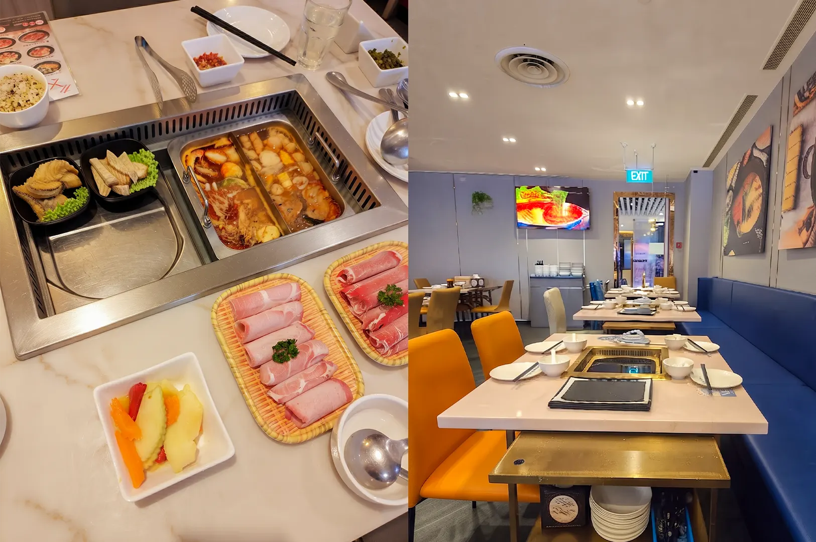 COCA Restaurant hot pot spread and dining interior at Suntec City.