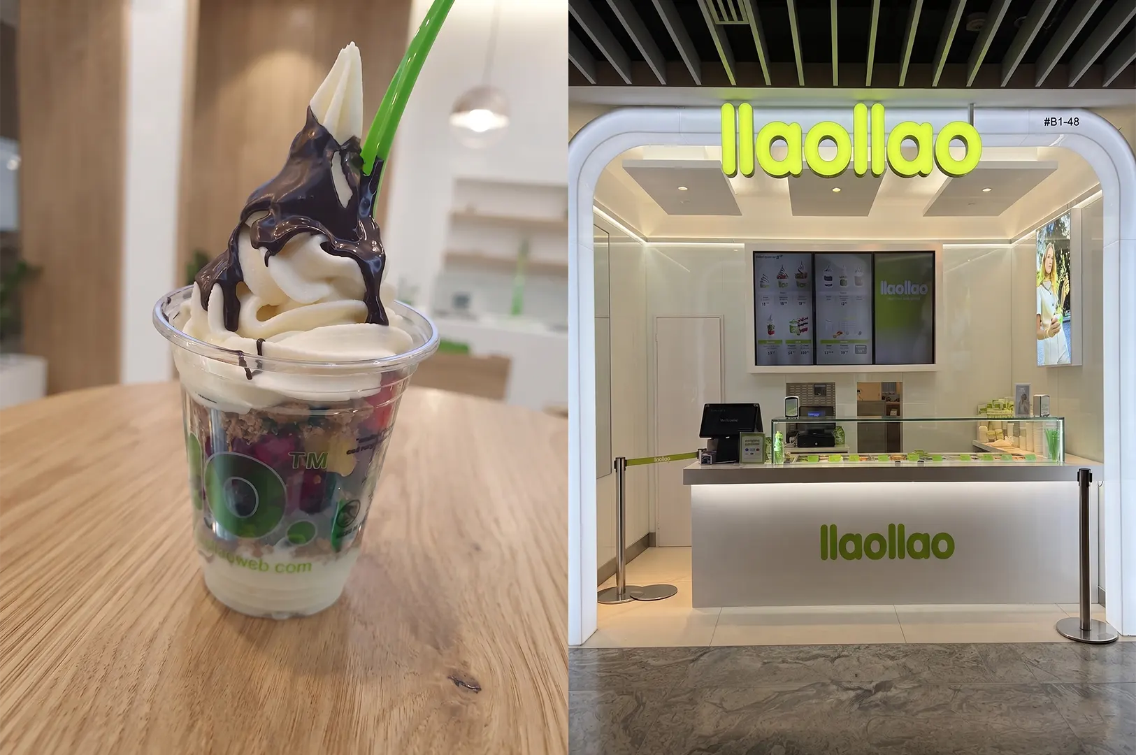 llaollao frozen yogurt cup with chocolate sauce and toppings next to a llaollao store storefront.