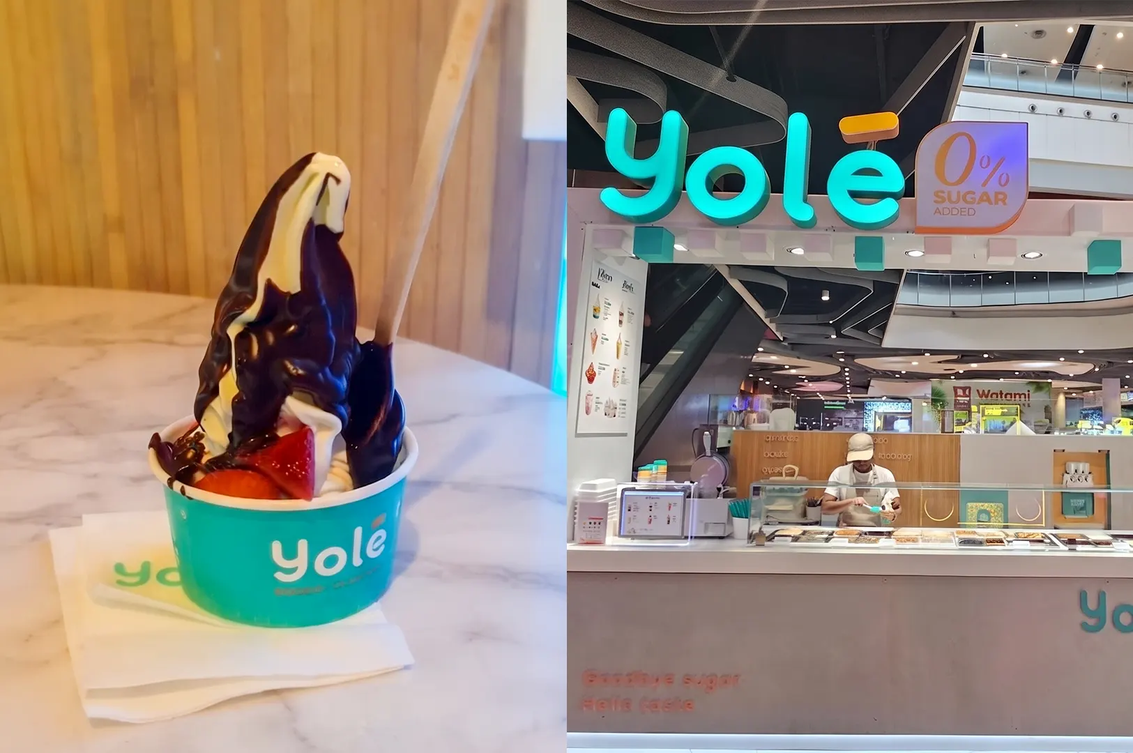 Yolé frozen yogurt cup with chocolate drizzle and strawberries next to a Yolé store storefront.