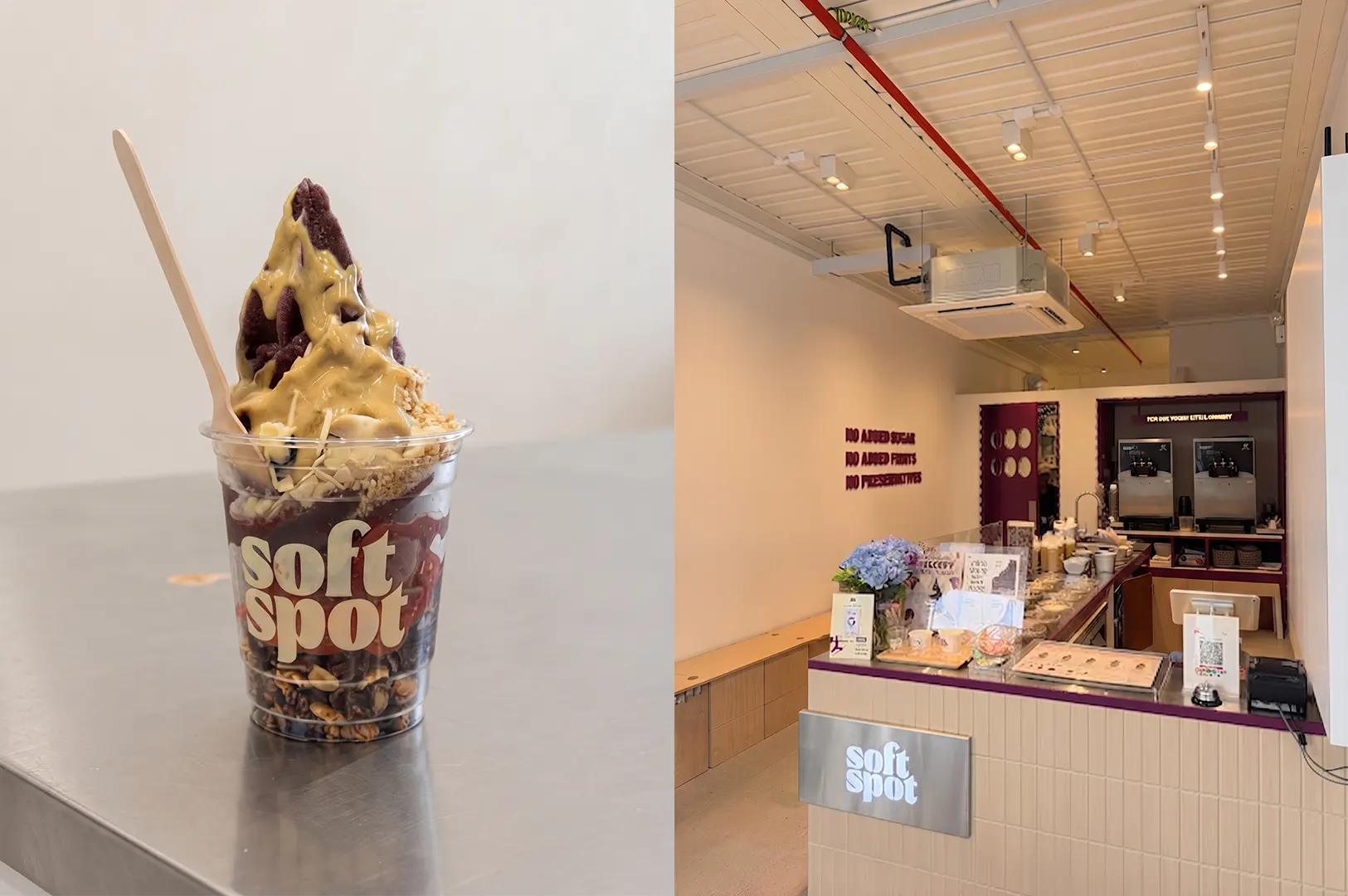 Soft Spot frozen yogurt cup with toppings alongside the Soft Spot dessert shop interior.