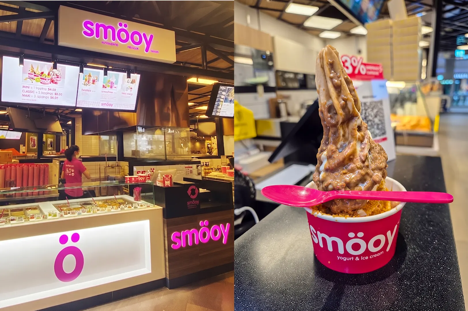 smööy frozen yogurt and ice cream cup with a pink spoon in front of a smööy store front.