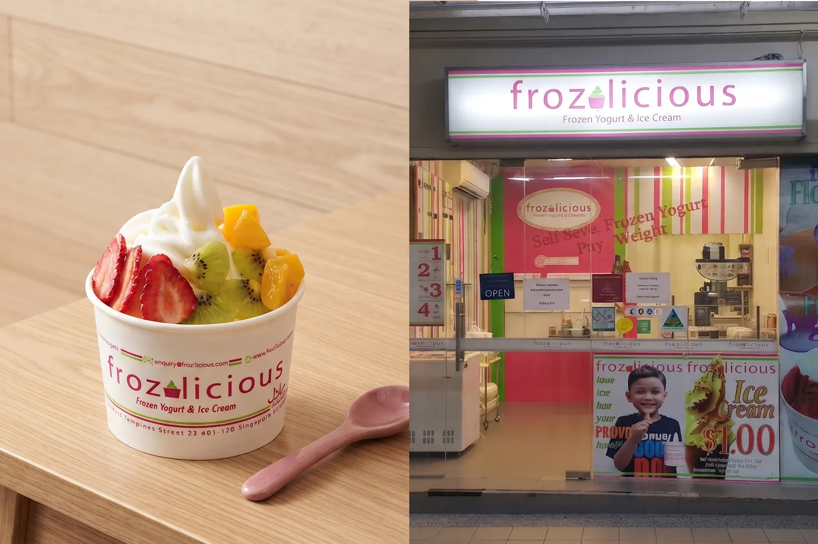 Frozilicious frozen yogurt cup topped with fresh strawberries, kiwi, and mango next to the Frozilicious storefront in Singapore.