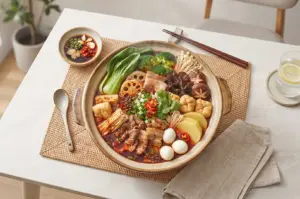A large bowl of colorful mala hotpot in Singapore with fresh vegetables and meat.