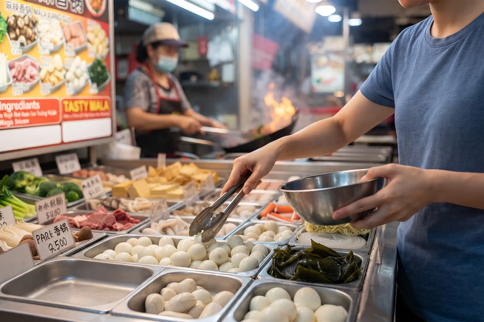 Customer using tongs to pick ingredients for Mala Xiang Guo at a food stall.